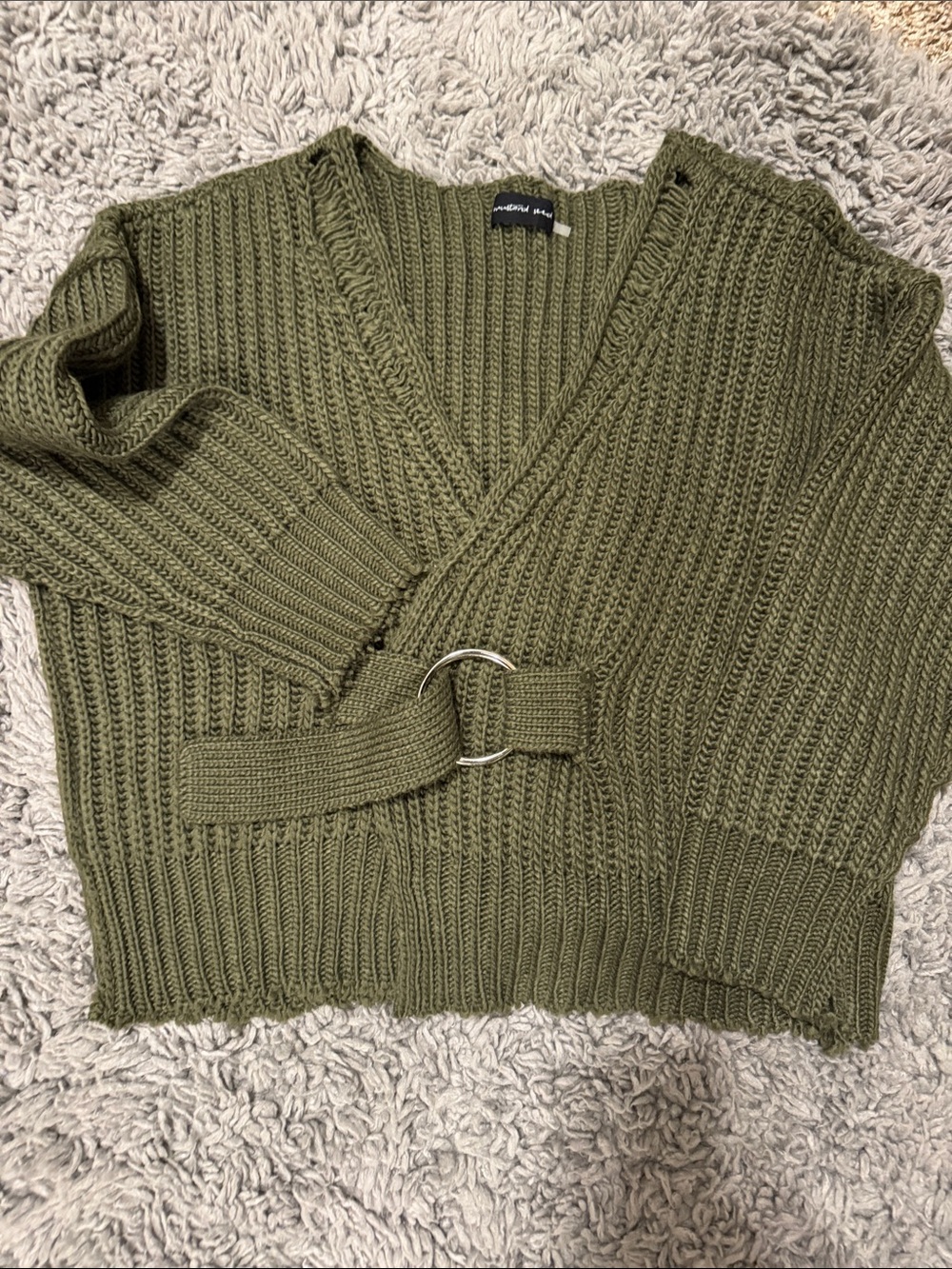 Mustard Seed Olive Green Ribbed V-Neck Sweater with Belt Detail